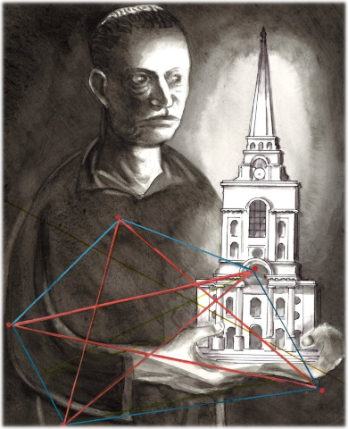 Illustration of a man holding a model of Christ Church Spitalfields, which sits on the point of a pentagram.