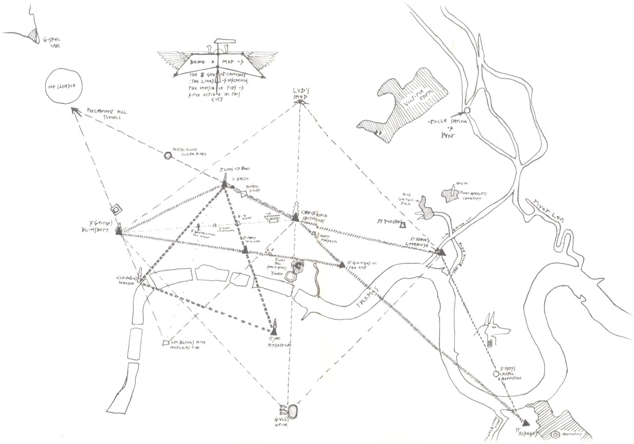Iain Sinclair's hand-drawn map from Lud Heat, showing the psychogeographic links between London churches.