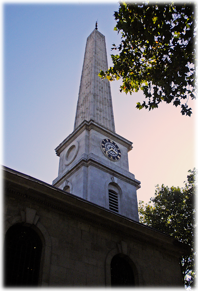 Photograph of the obelisk-shaped steeple of St. Luke's Old Street